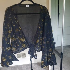 Black and Gold Mushroom Print Wrap Top
